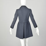 XXS 1960s Coat Blue Wool Babydoll Mod Black Military Trim Winter Heavyweight Winter Coat