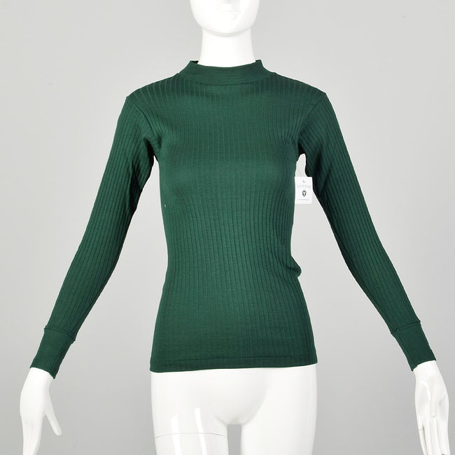 XS 1960s Green Deadstock Ribbed Long Sleeve Lightweight Knit Mock Turtleneck Shirt