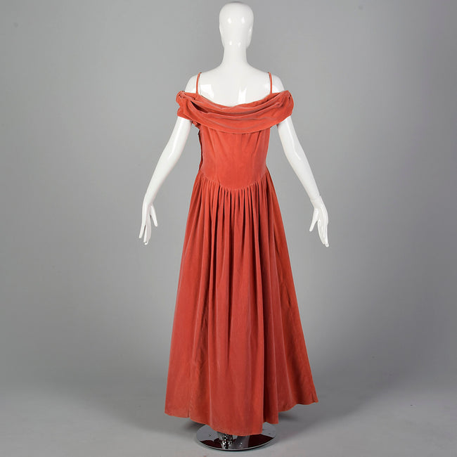 1940s Coral Velvet Evening Gown