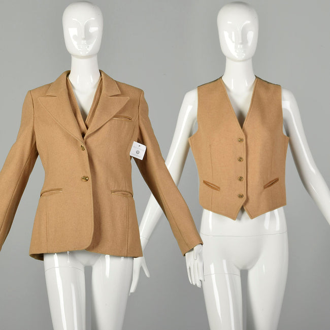 Medium 1970s Tan Matching Wool Set Camel Blazer Bohemian Vest