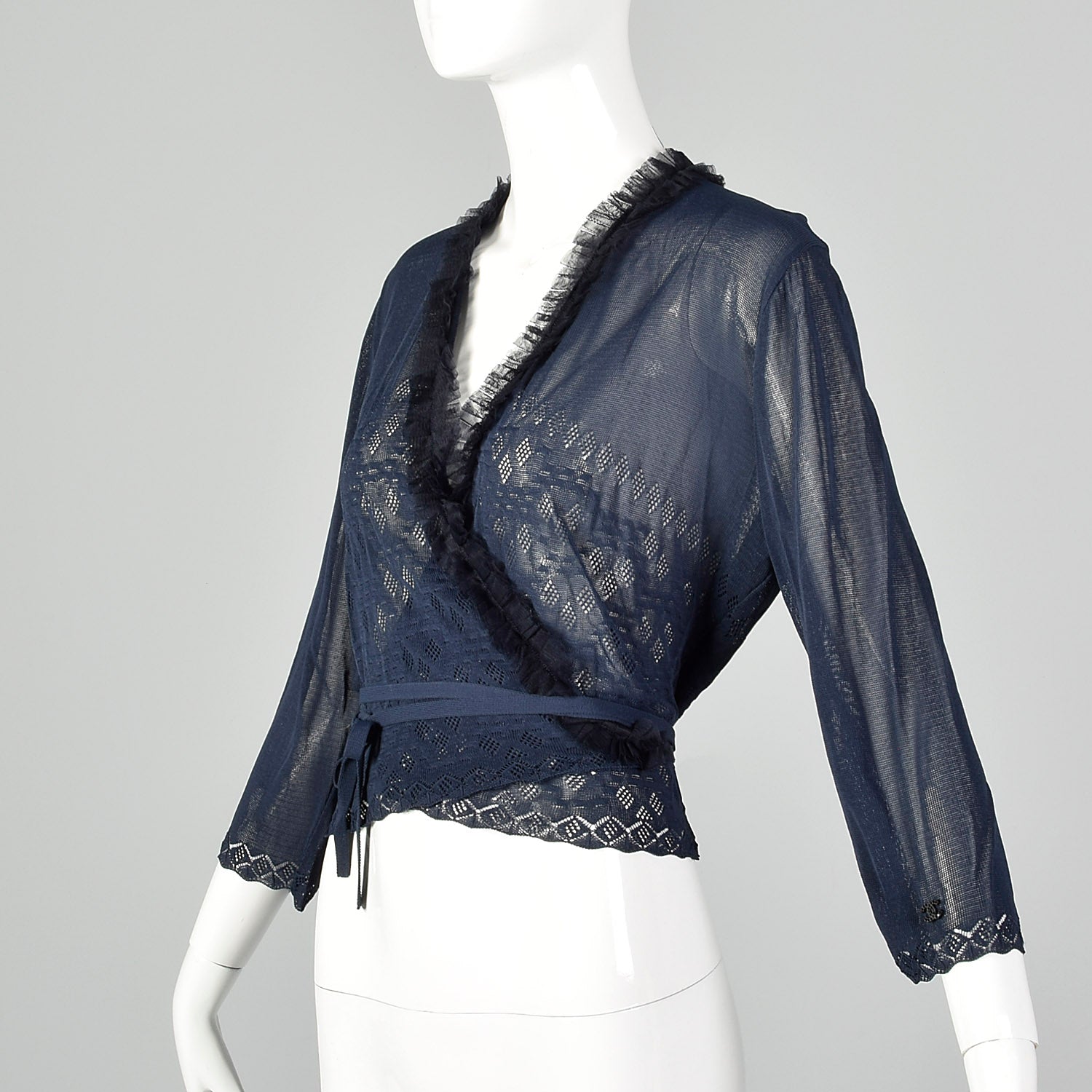 Large Chanel 1990s Navy Blue Sheer Mesh Wrap Cardigan Sweater