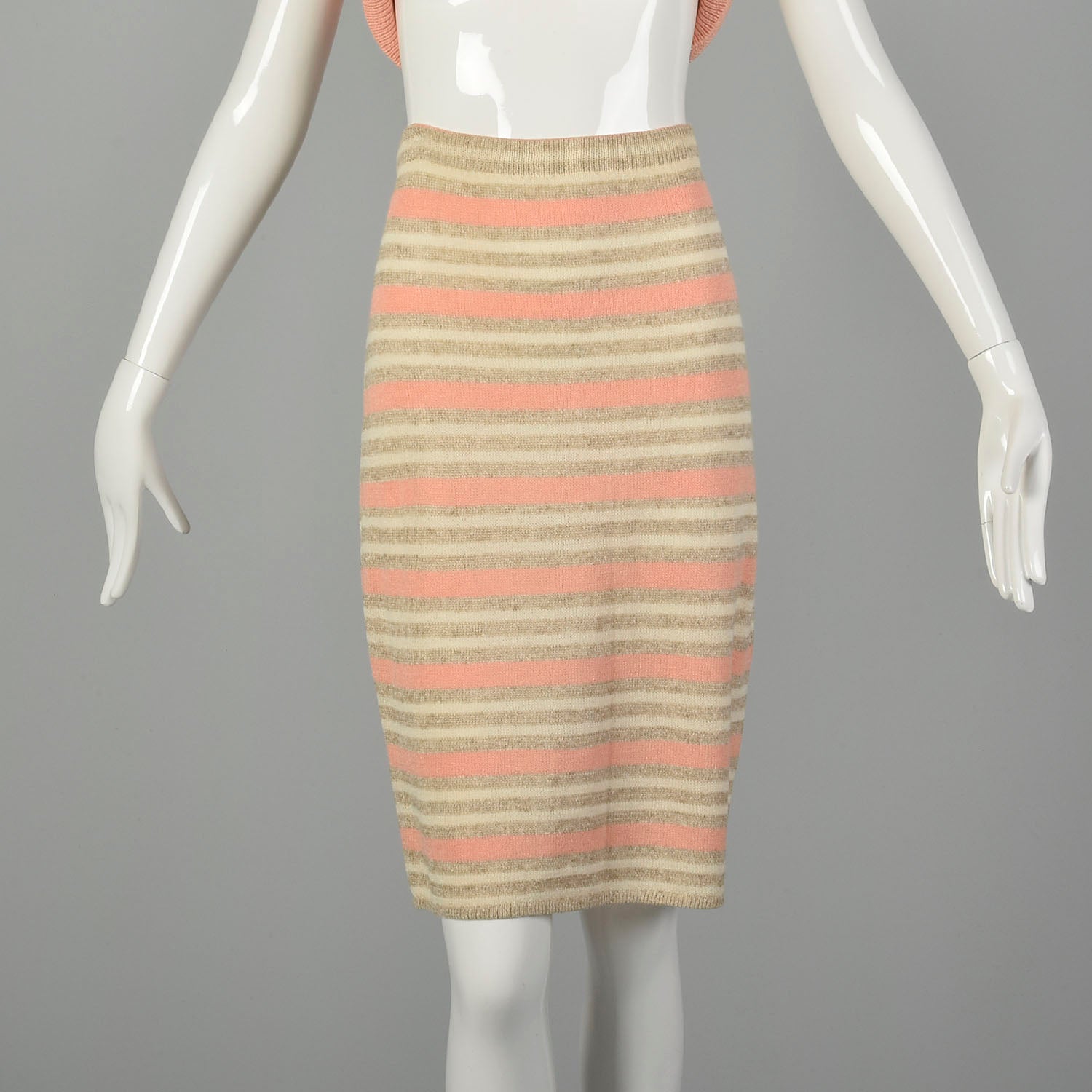 Medium 1980s St. John Set Knit Skirt Peach Shirt Striped Cardigan 3pc Ensemble