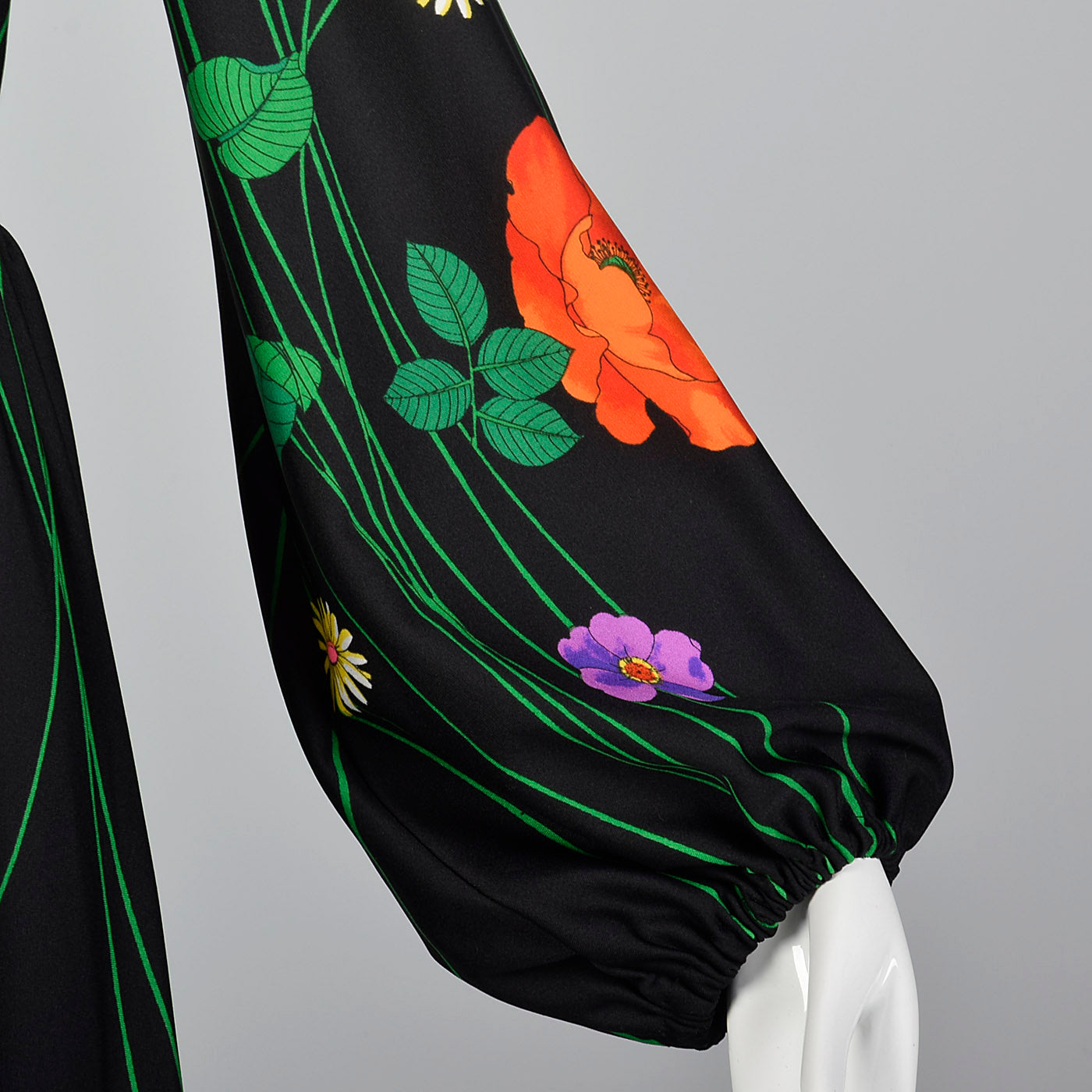 1970s Black Floral Midi Dress with Bishop Sleeves