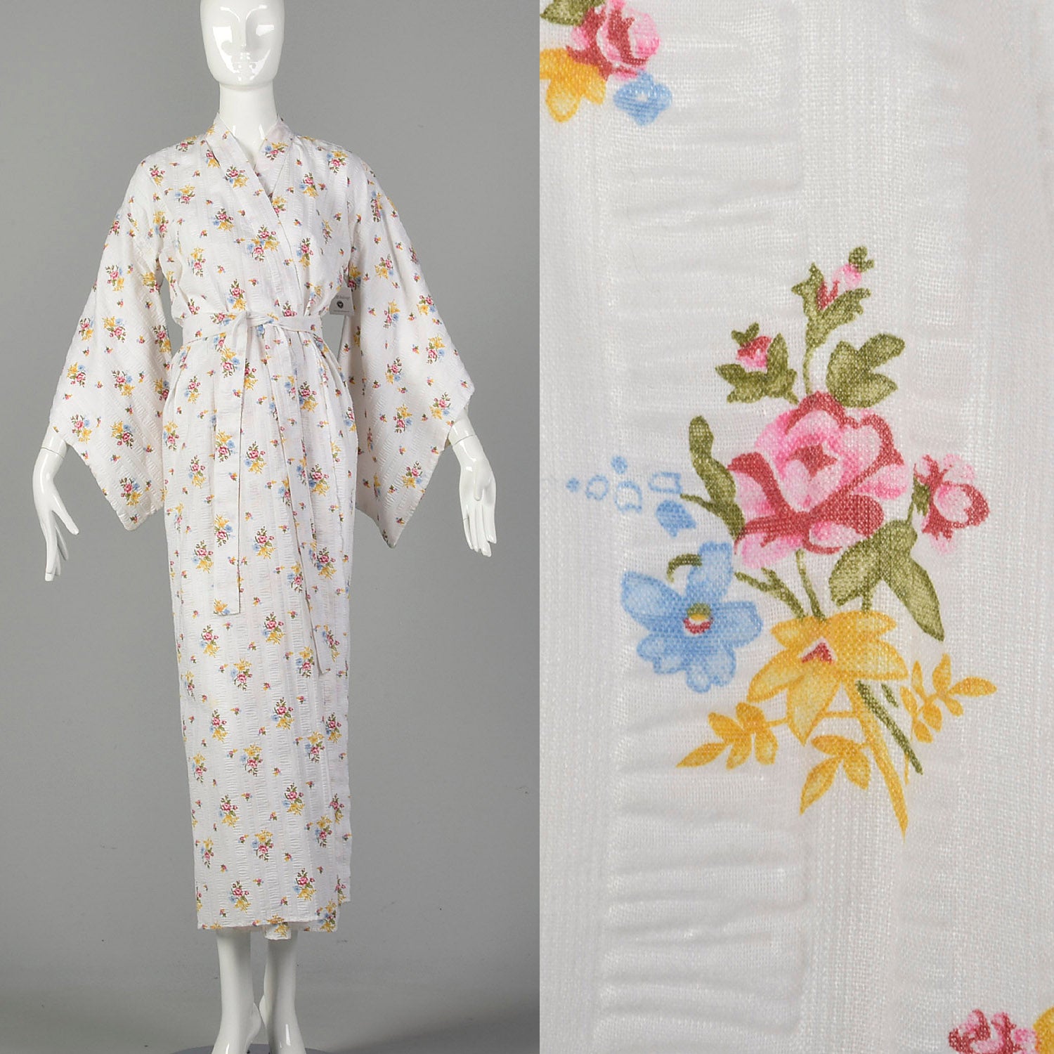 White Cotton 1970s Kimono Floral Seersucker Robe Long Sleeve