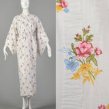 White Cotton 1970s Kimono Floral Seersucker Robe Long Sleeve