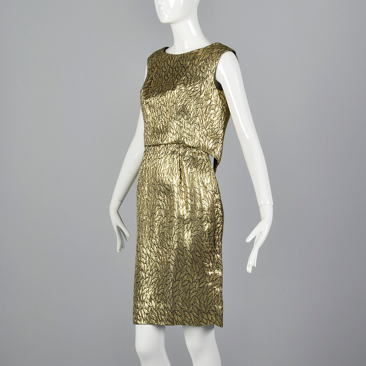 1960s Metallic Gold Dress with Leaf Style Pattern