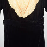 1920s Black Silk Velvet Dress with Lace Collar and Cuffs