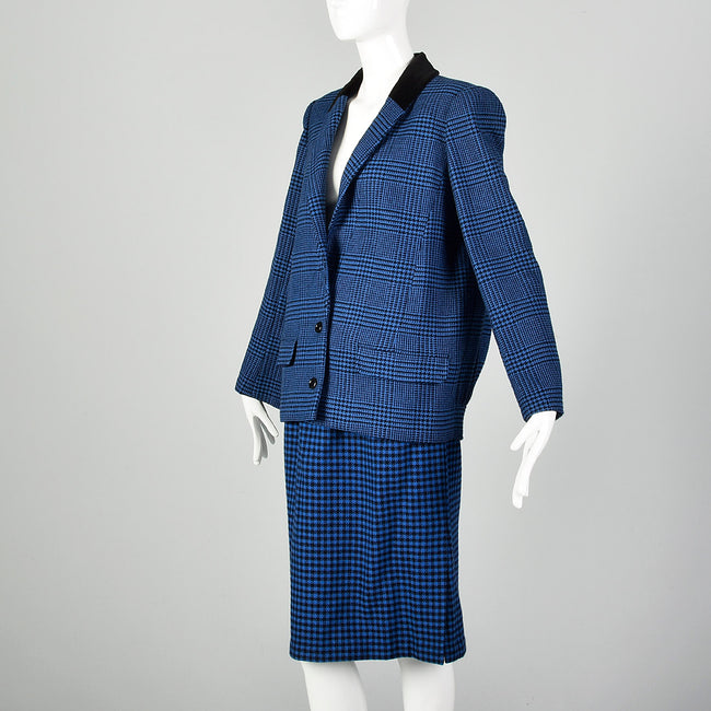 Medium Valentino Boutique 1980s Blue Houndstooth Plaid Skirt Suit