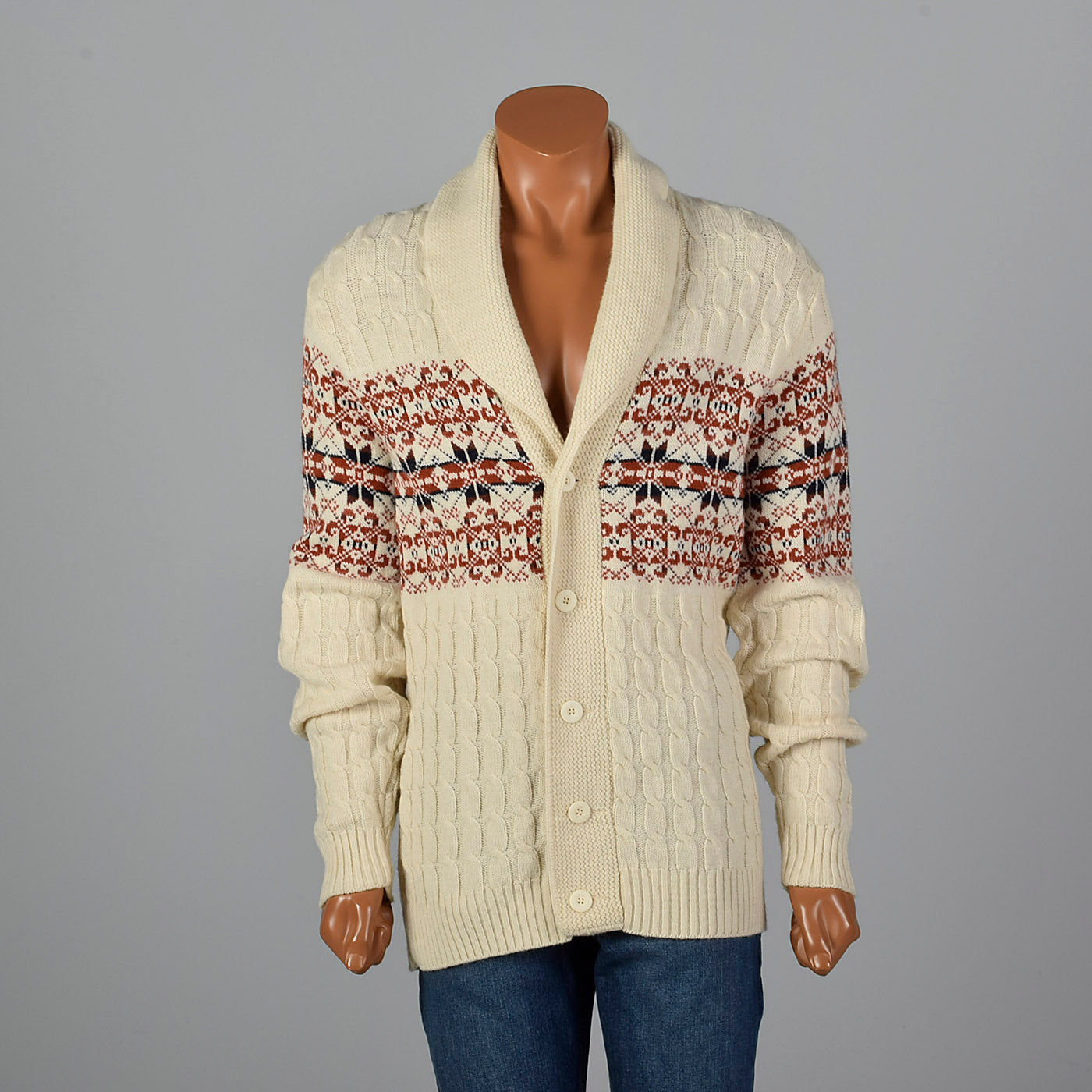 1970s Mens Shawl Collar Cardigan with Red Pattern