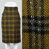1950s Plaid Tweed Skirt with Leather Braid Trim Pocket