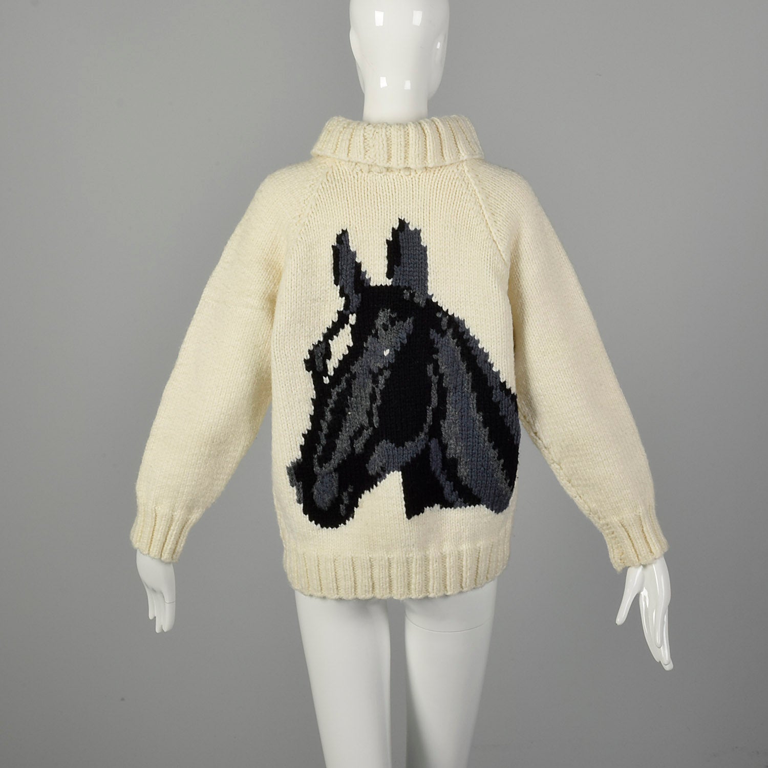 Medium 1960s Cream Knit Novelty Horse Sweater