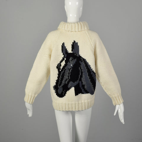 Medium 1960s Cream Knit Novelty Horse Sweater Style Salvage