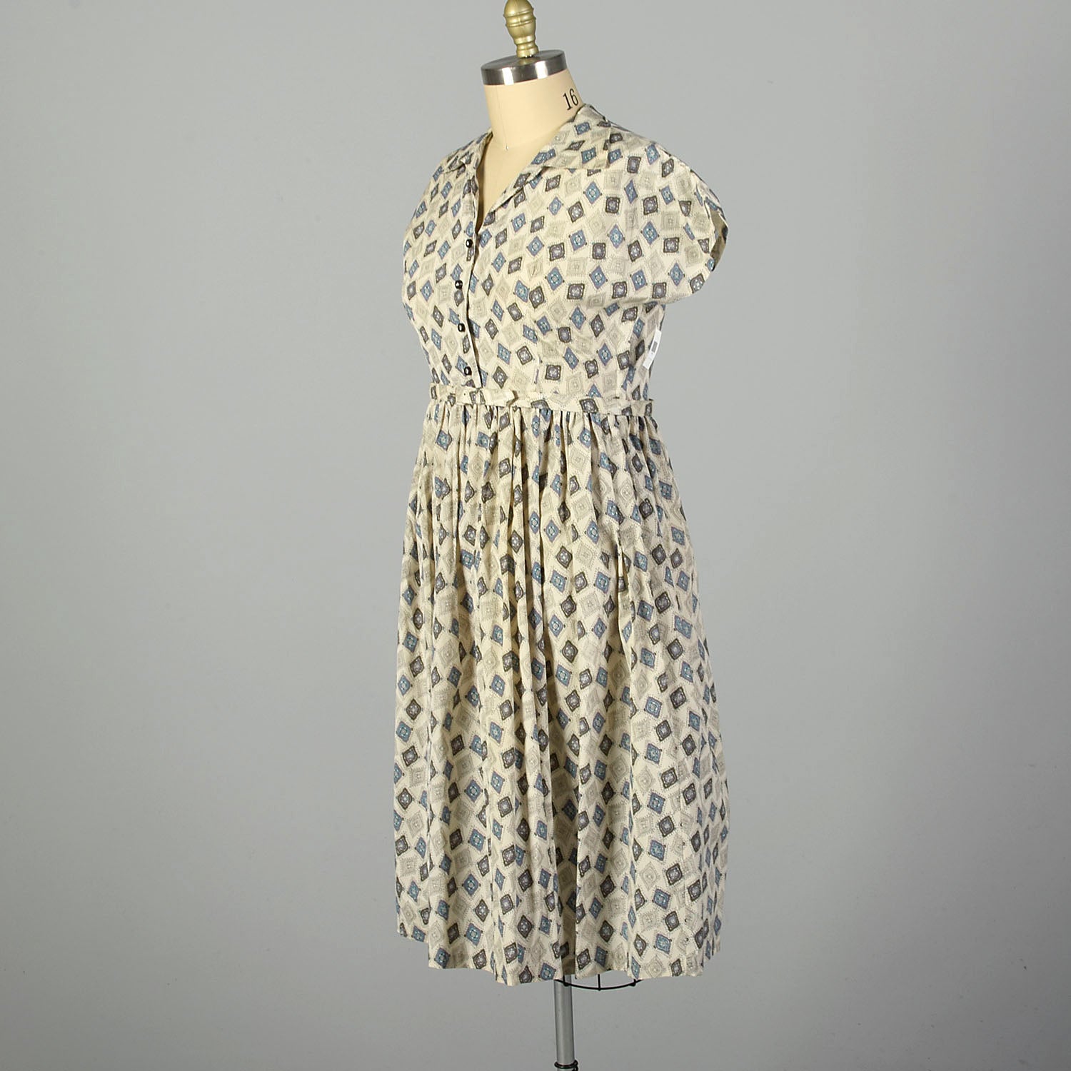 XL 1950s Deadstock Day Dress Blue Print Cotton Short Sleeve Casual