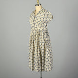 XL 1950s Deadstock Day Dress Blue Print Cotton Short Sleeve Casual