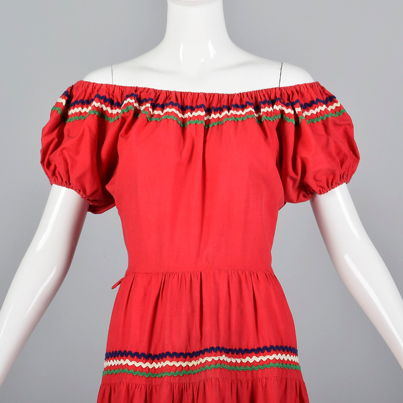 1950s Bohemian Off Shoulder Dress in Red Cotton