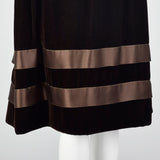 1960s Brown Velvet Dress with Satin Ribbon Waist and Hem