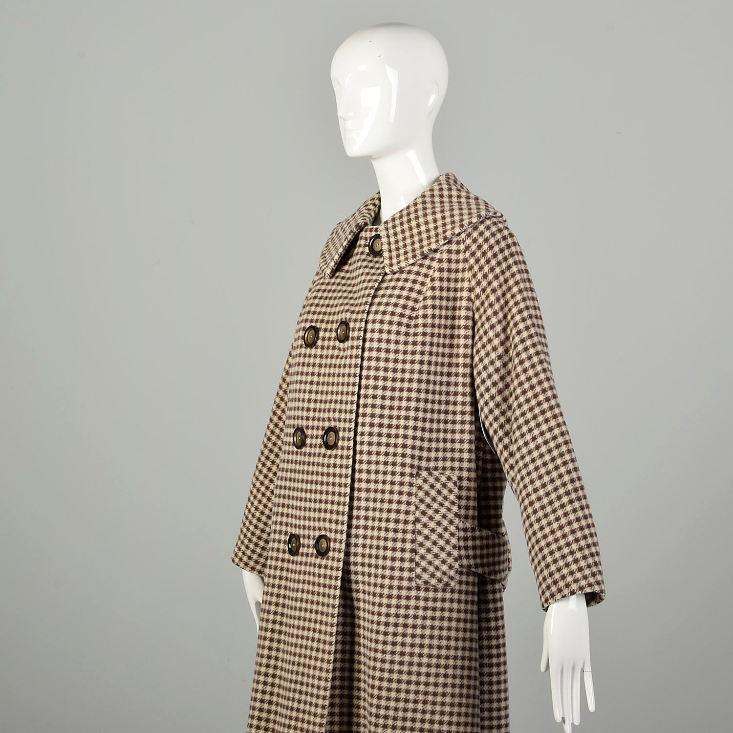 Large 1950s Swing Coat Brown Plaid Loose Winter Double Breasted Overcoat