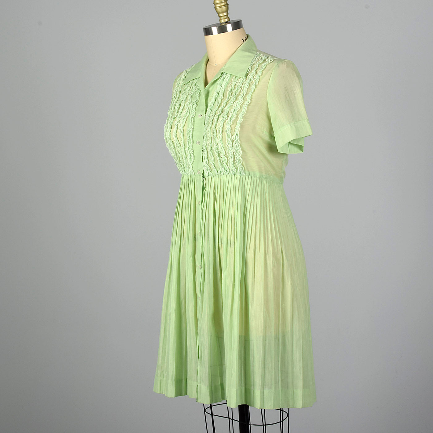 1950s Sheer Green Dress with Ruffle Bodice