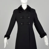 XS 1960s Mod Winter Coat Black Wool with Frog Closures and Faux Fur Trim
