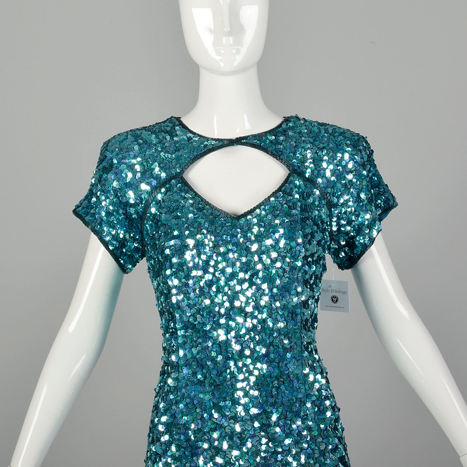 Small Sequin Cocktail Party Dress Teal Blue Short Sleeve Key Hole Bust