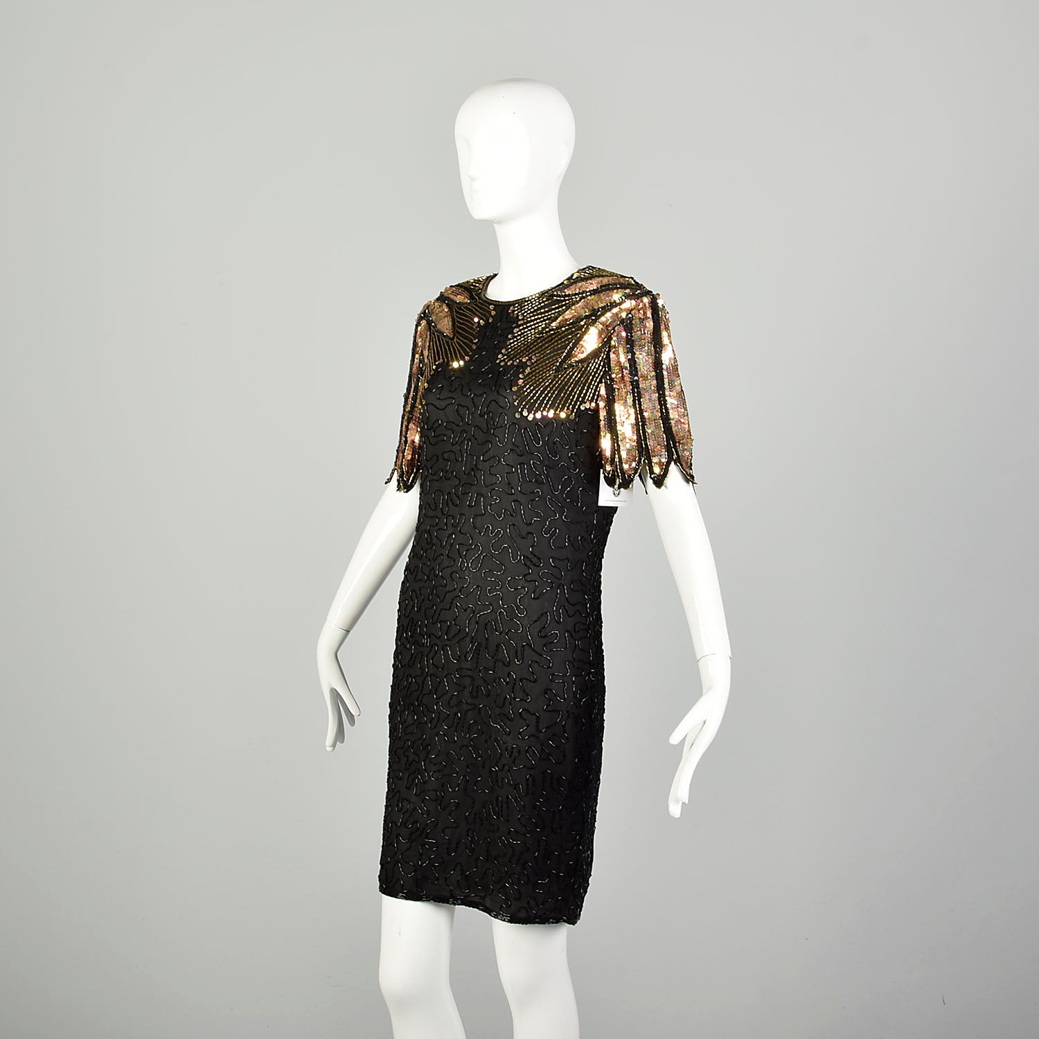 Medium 1990s Gold Black Cocktail Dress Keyhole Back Sequin Beaded Evening Party Chemise