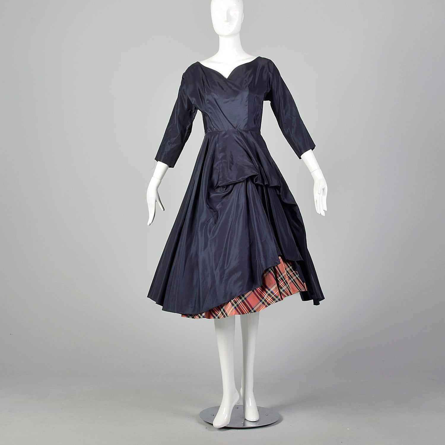 XS 1950s Navy Blue Taffeta Dress with Tartan Underskirt