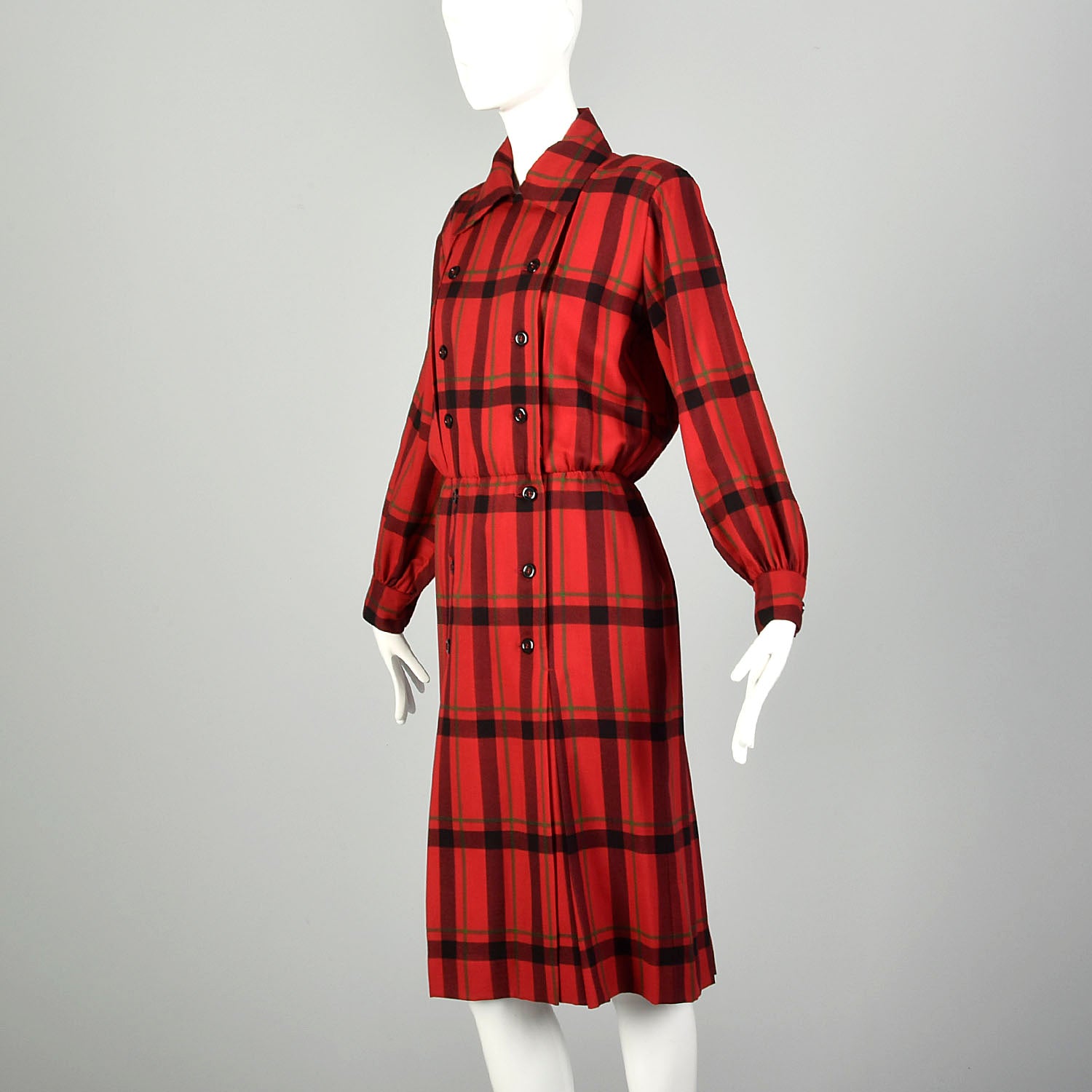 Small 1970s Yves Saint Laurent Rive Gauche Red Plaid Dress Double Breasted Long Sleeves
