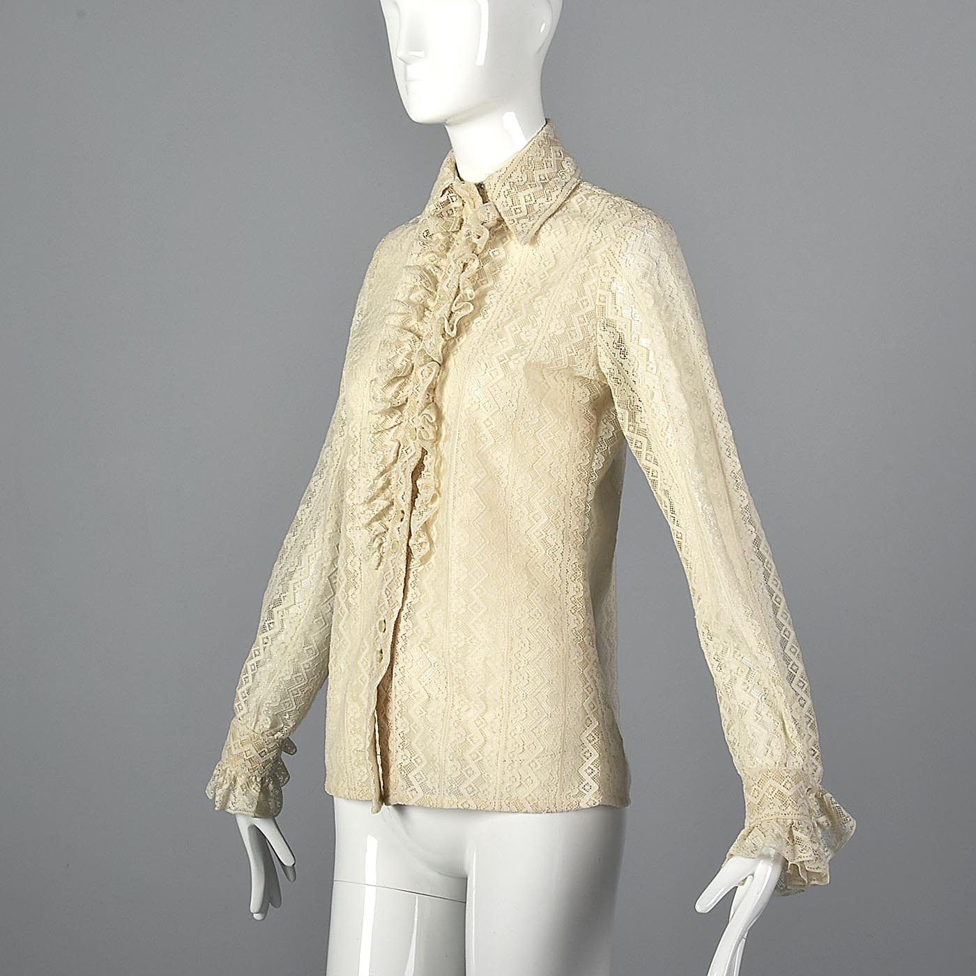 1970s Lace Blouse with Tuxedo Ruffle Front