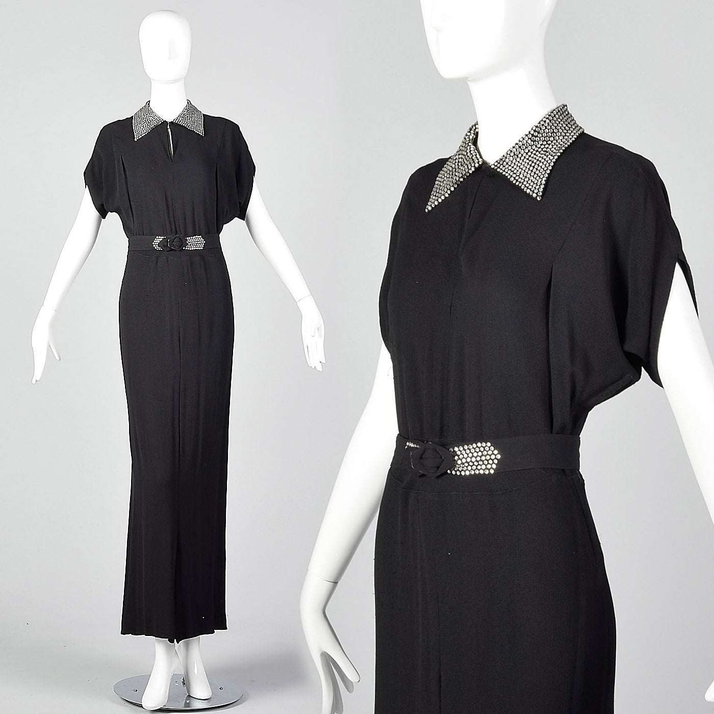 1940s Black Rayon Dress with Rhinestone Collar