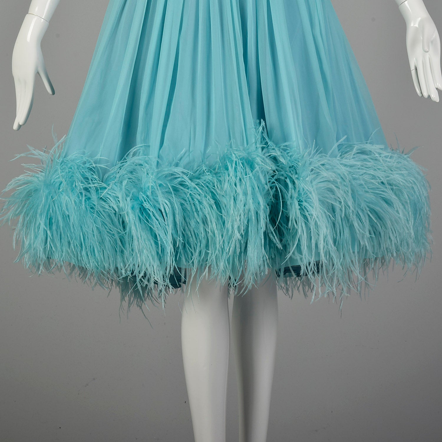 Medium 1950s Aqua Silk Dress Sleeveless Rockabilly Feather Hem