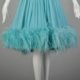 Medium 1950s Aqua Silk Dress Sleeveless Rockabilly Feather Hem