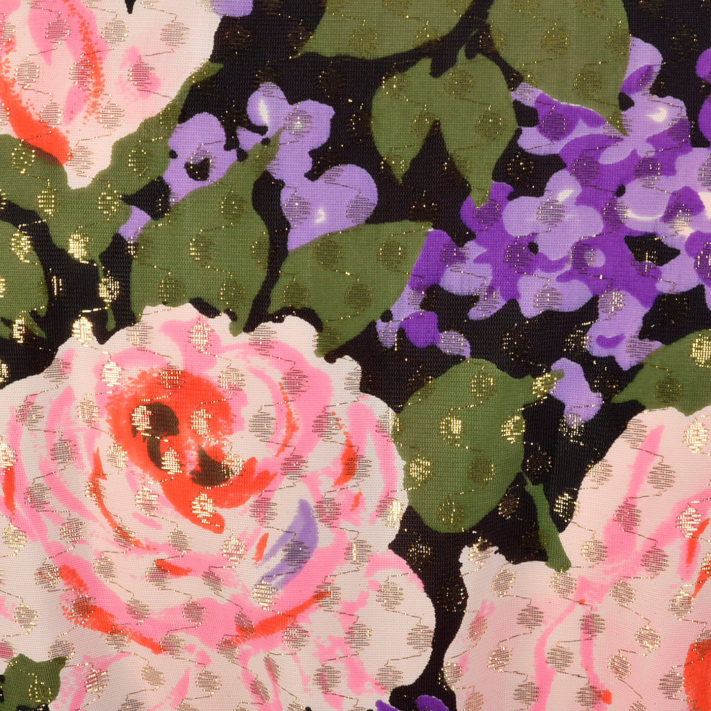 1970s Floral Maxi Dress with Metallic Polka Dots