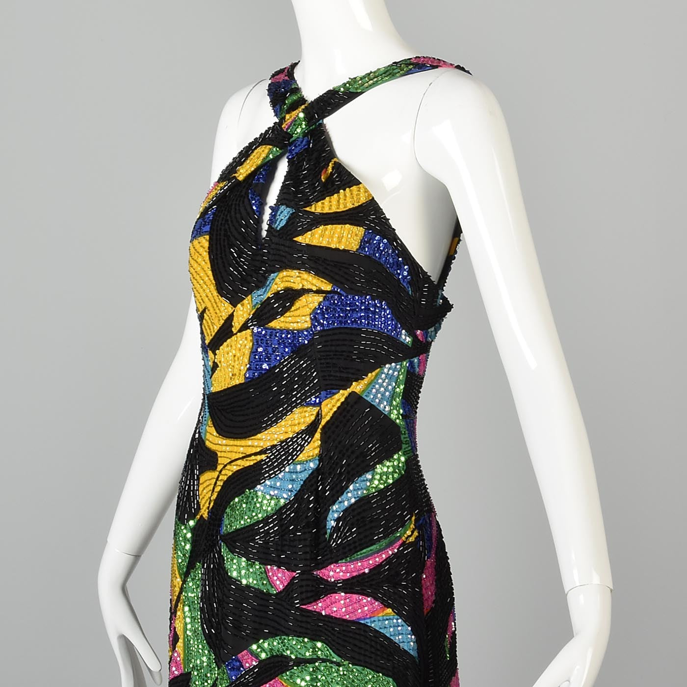 1990s Michael Novarese Abstract Beaded Formal Dress
