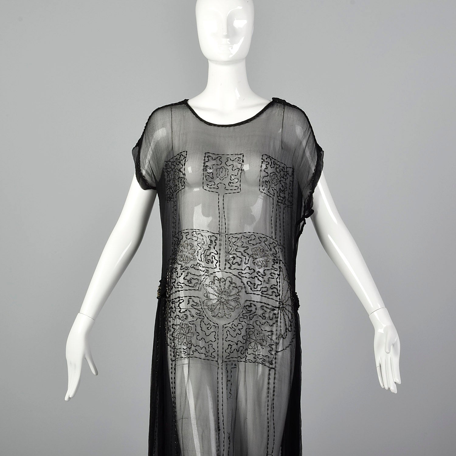 1920s Beaded Sheer Black Dress with Hip Sashes