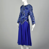 XXL Royal Blue Silk Beaded Evening Cocktail Dress Semi Formal Long Sleeve