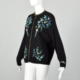 Medium-XXL 1960s Black Beaded Cardigan Sweater