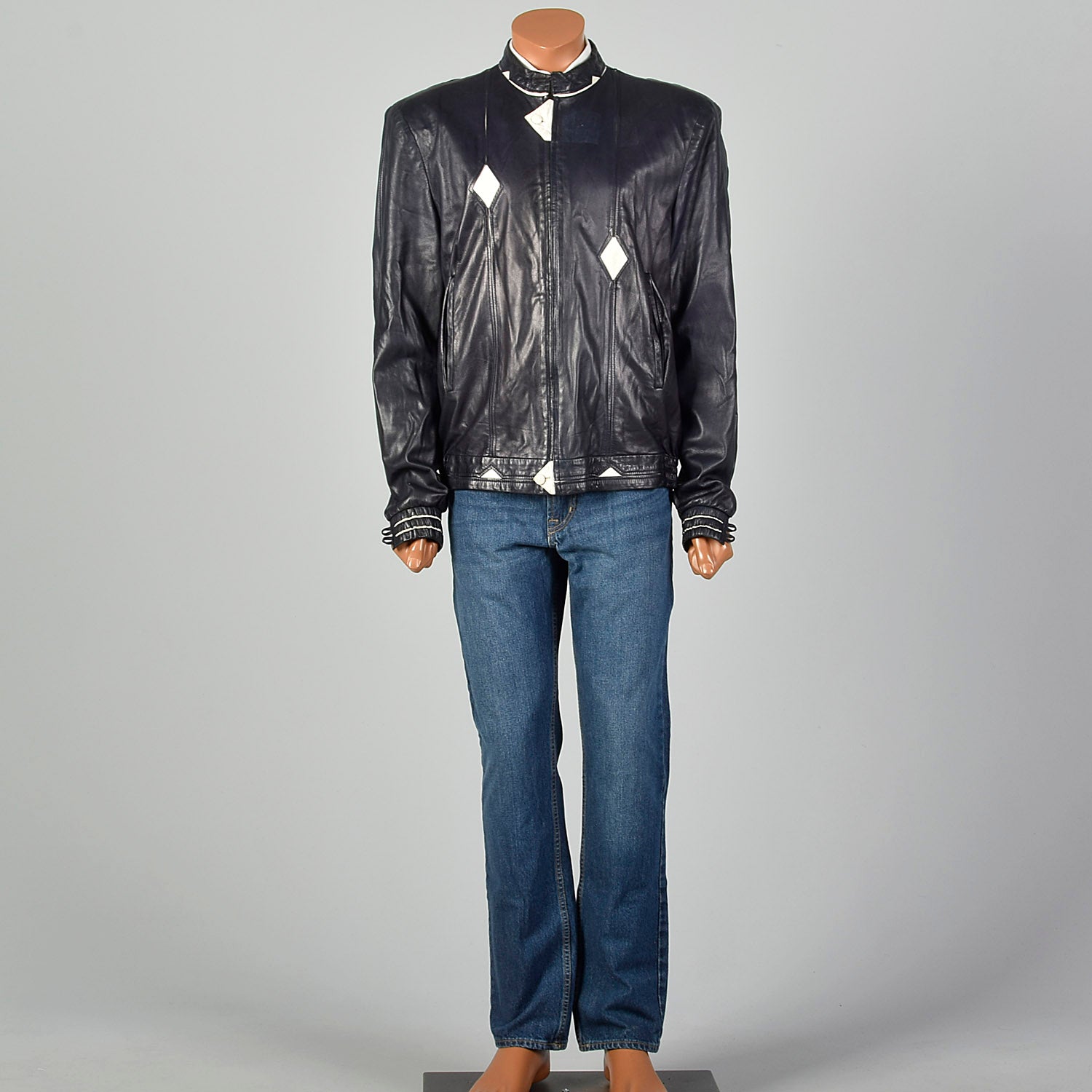 Large Battaglia 1980s Rockabilly Navy Leather Jacket