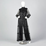 1970s Oscar de la Renta Sequined Jumpsuit with Low V Neckline & Sheer Mesh Overskirt