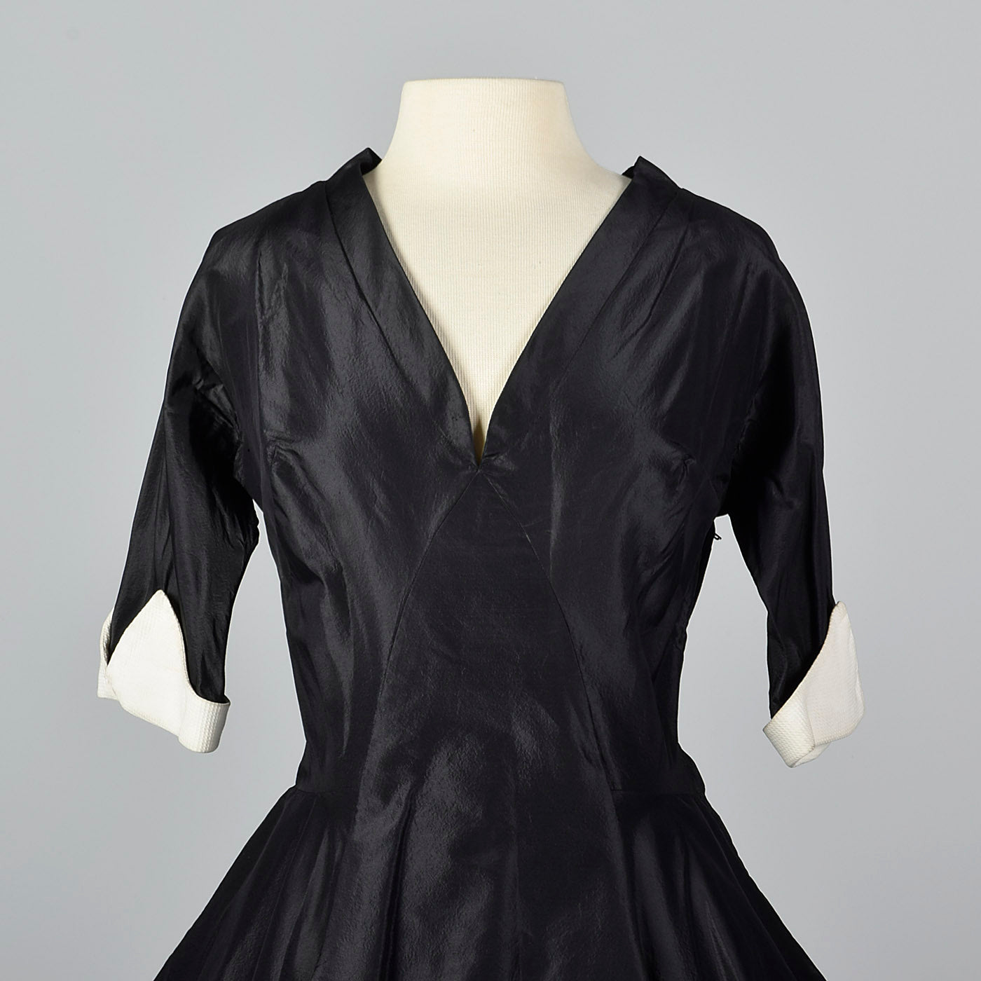 1950s Black Taffeta Party Dress with White Cuffs