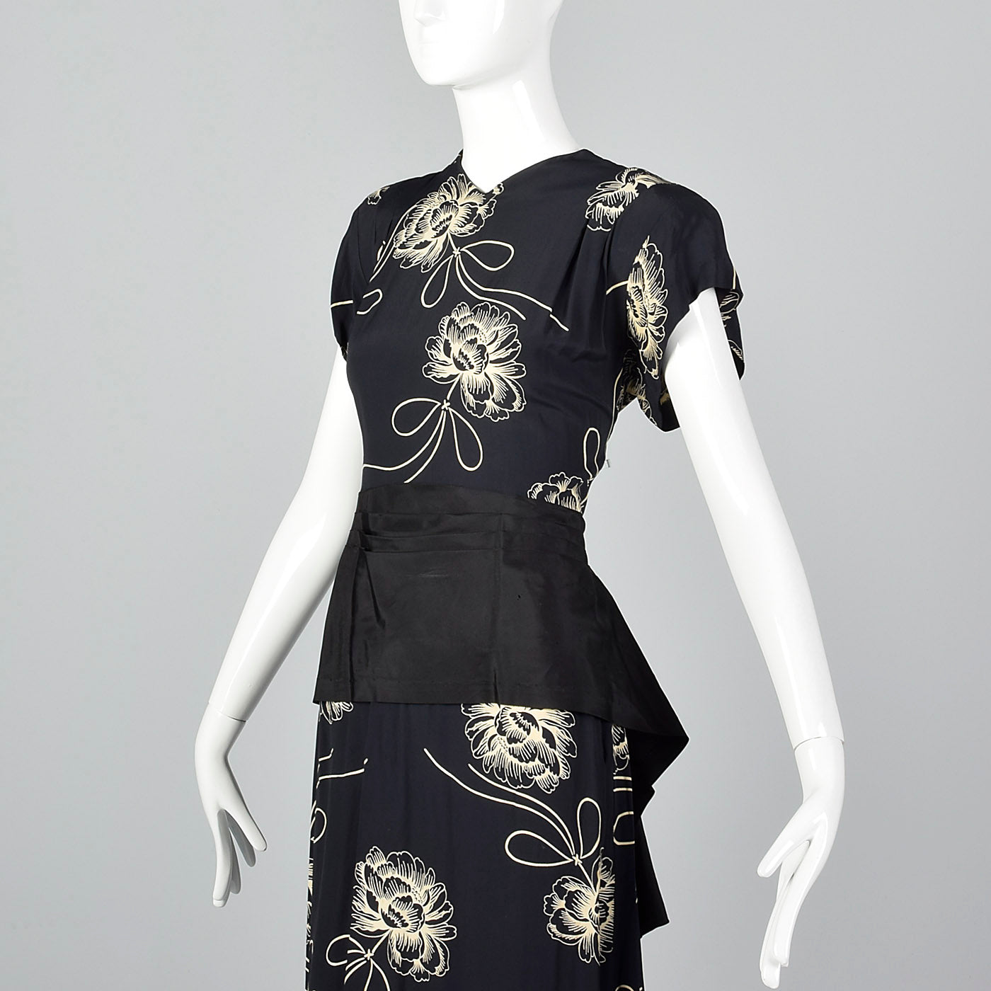 1940s Navy Rayon Dress with Black Taffeta Peplum