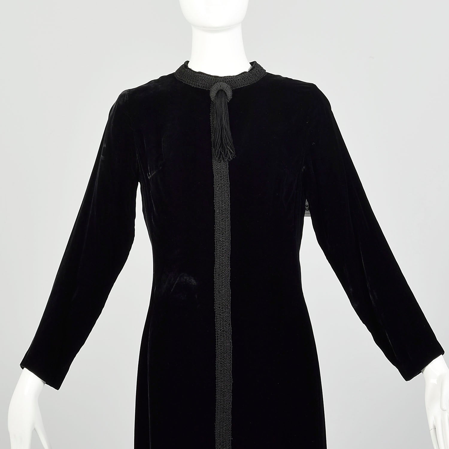 Small 1960s Dress Black Velvet Long Sleeve Above-the-Knee Tassel Details