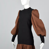 1980s Adolfo Black Knit Dress with Bishop Sleeves