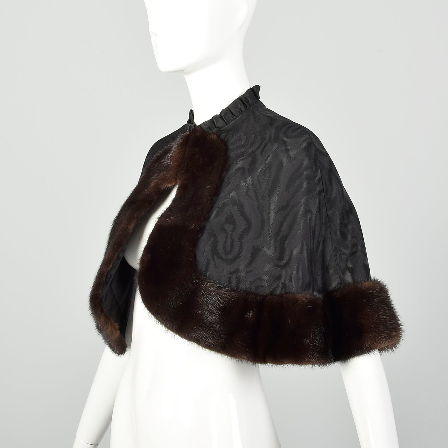 1960s Mink Trim Capelet Evening Fur Cape Black Formal Wrap