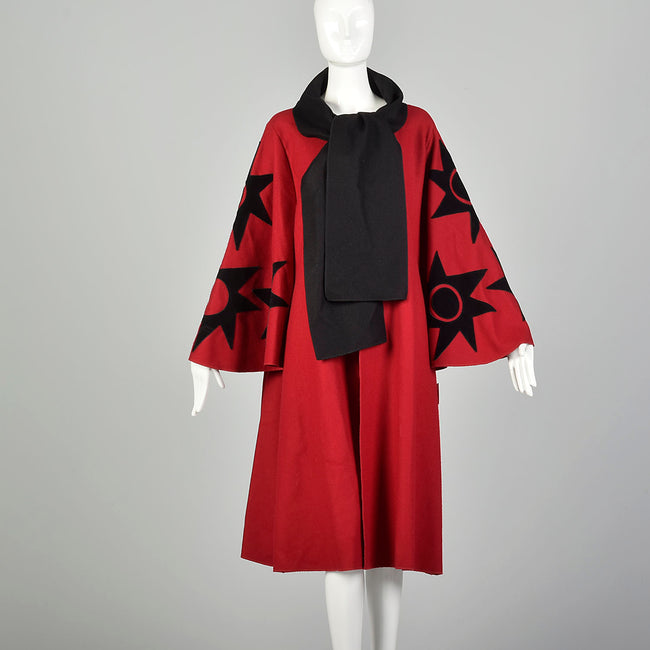 OSFM 1980s Osgood Smuk Red Wool Swing Cloak Leather Appliqué