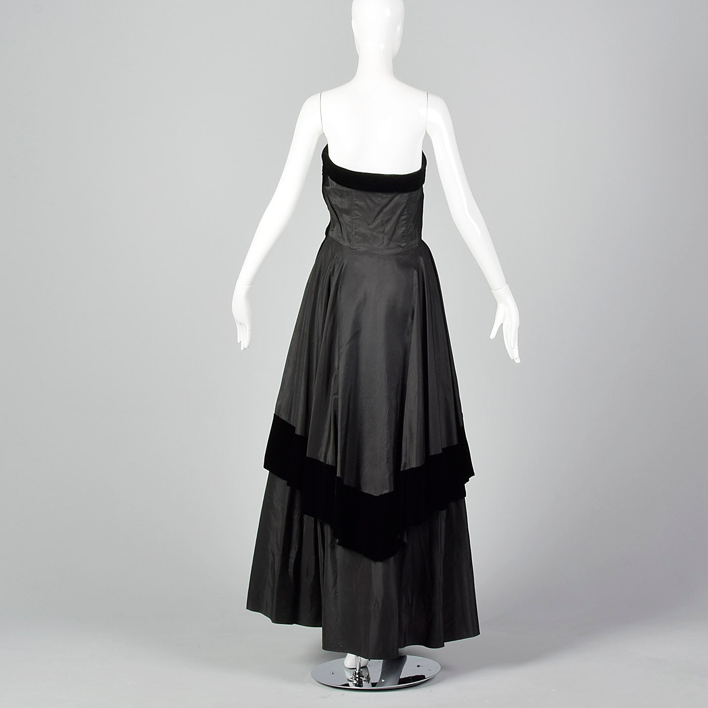 1950s Black Taffeta Evening Dress with Velvet Trim