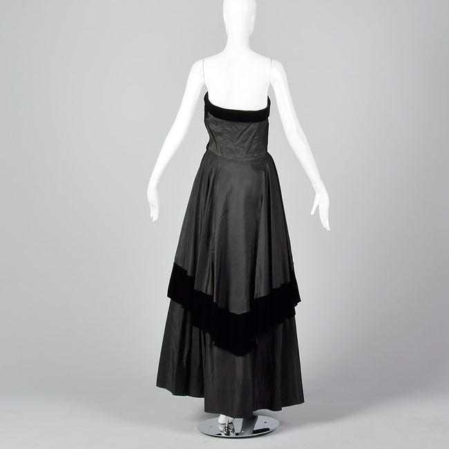 1950s Black Taffeta Evening Dress with Velvet Trim