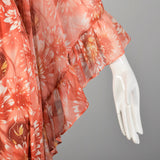 XS 1970s Pink Boho Maxi Dress Hippie Floral Print Bell Sleeves with Tieback Waist