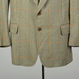 Large 1970s Green Copper Herringbone Plaid Blazer Two Button Front Single Vent Back Welt With Flap Pockets