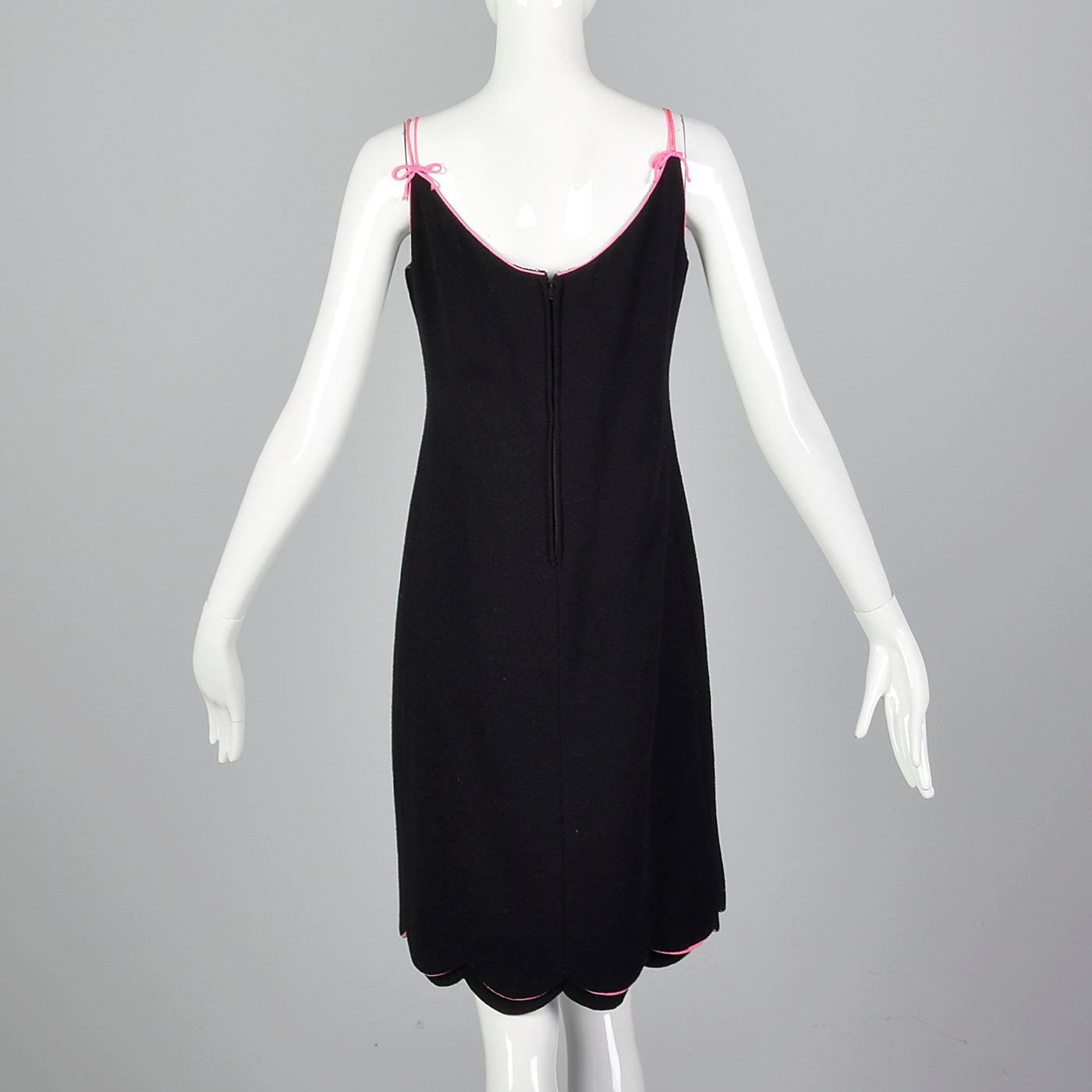 1960s Black Wool Dress with Pink Trim and Scallop Hem