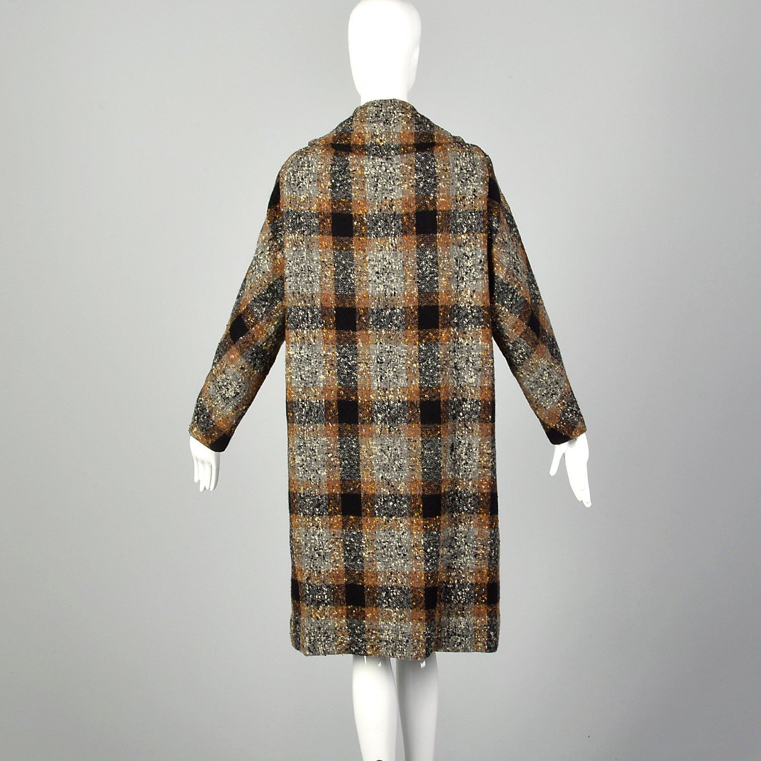 XL 1950s Coat Black Brown Flecked Tweed Overcoat Plaid Winter Wool Plush Lined Outerwear